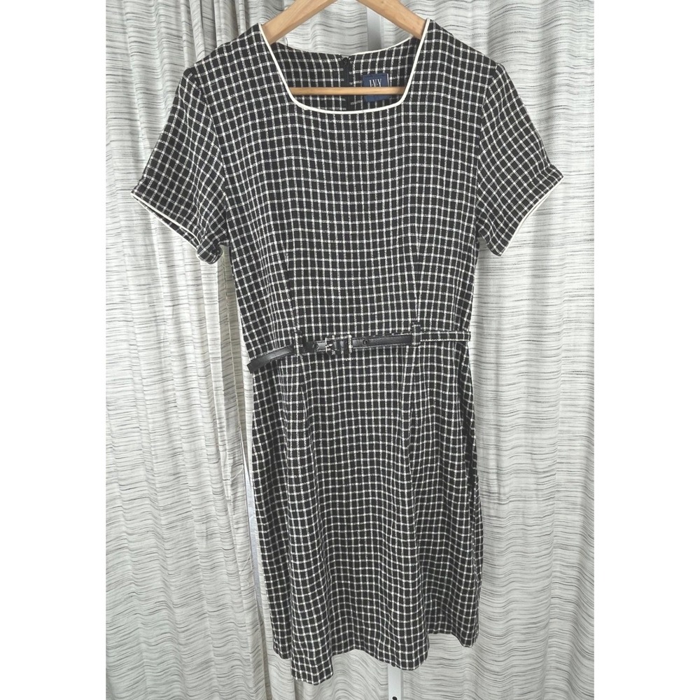 Ivy Collectibles Black White Plaid Linen Cotton Belted Sheath Dress Petite XXS